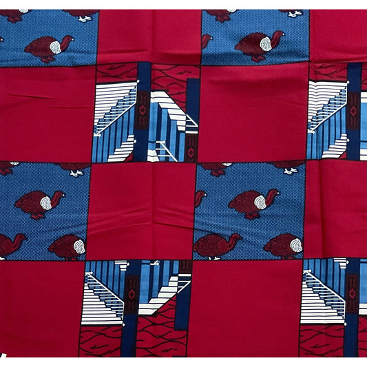 African Print Fabric/ Ankara - Red, Blue, Cream 'Gwengwe', YARD or WHOLESALE
