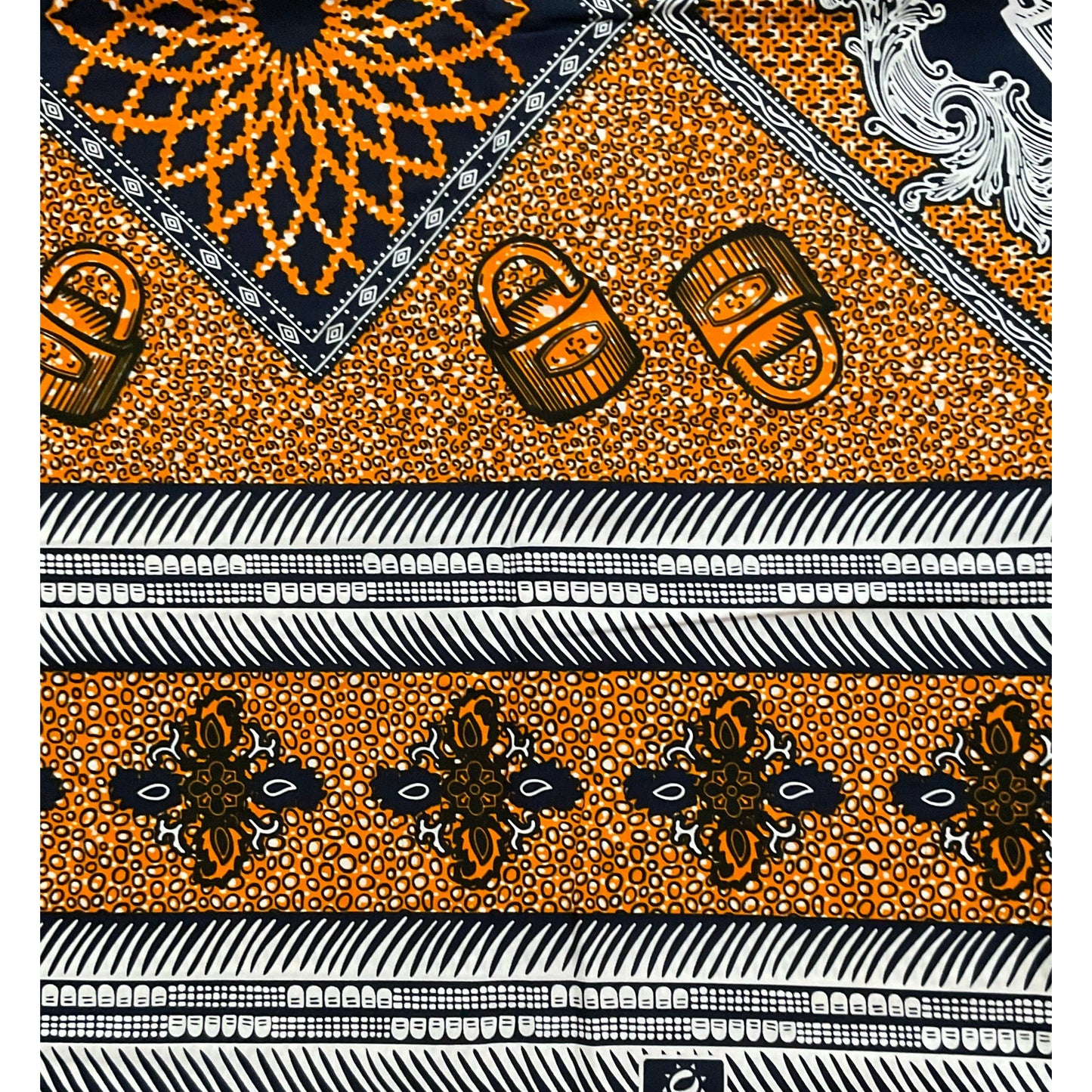 African Print Fabric/ Ankara - Orange, Blue, White 'In Lockstep' Design, YARD or WHOLESALE