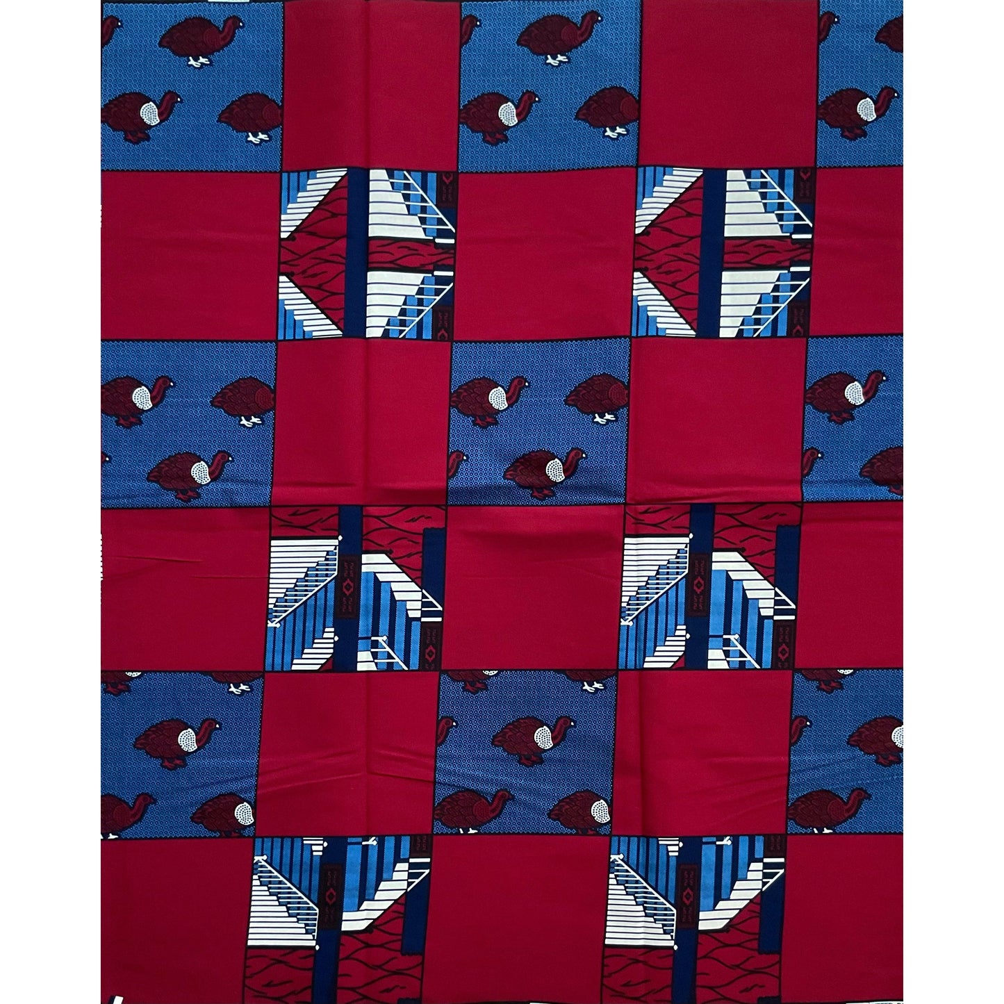 African Print Fabric/ Ankara - Red, Blue, Cream 'Gwengwe', YARD or WHOLESALE