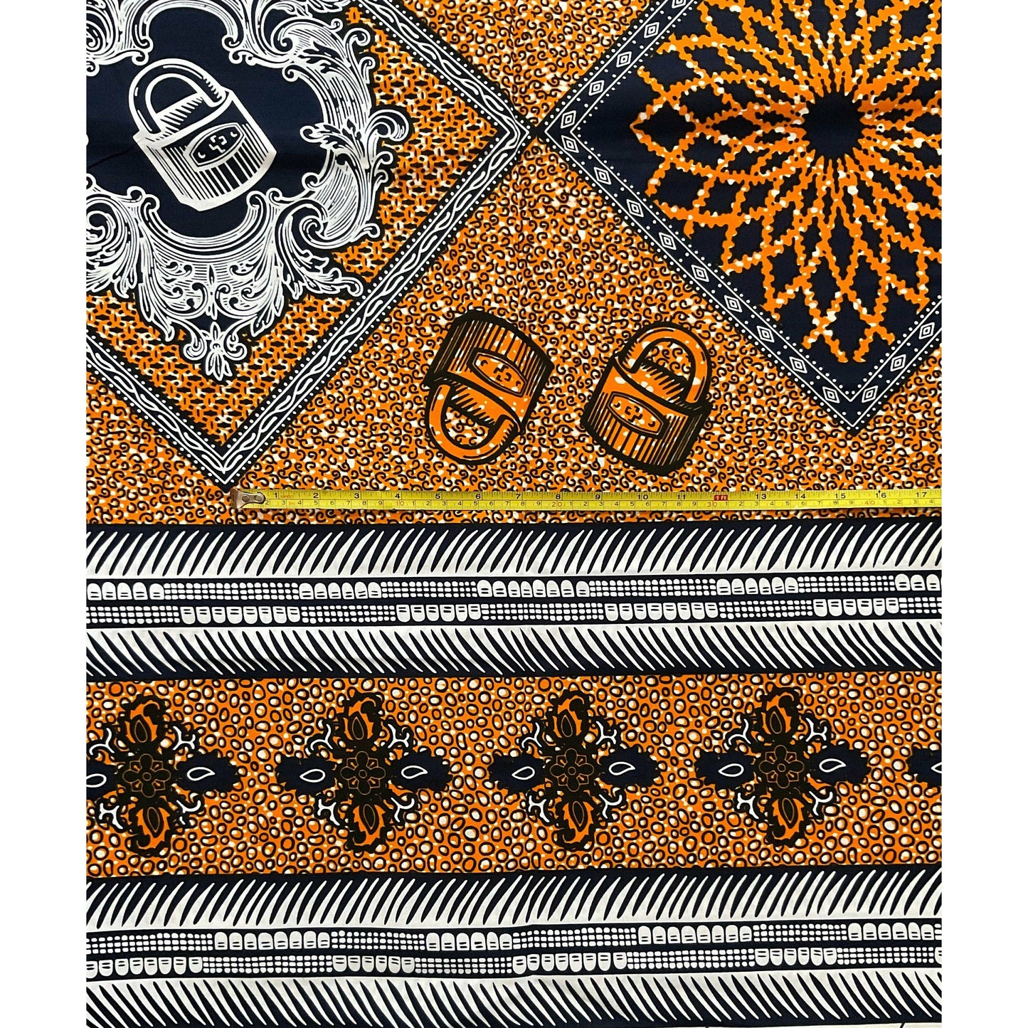 African Print Fabric/ Ankara - Orange, Blue, White 'In Lockstep' Design, YARD or WHOLESALE