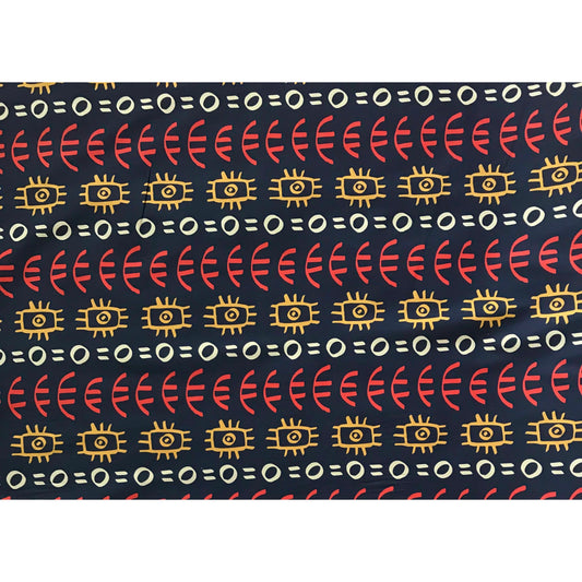 African Print, Stretch Cotton Satin Fabric- Navy, Orange, Marigold, Beige “Abimbola”, Per Yard