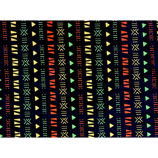 African Print, Stretch Cotton Satin Fabric - Dark Brown, Orange, Yellow, Green "Kachi", Per Yard