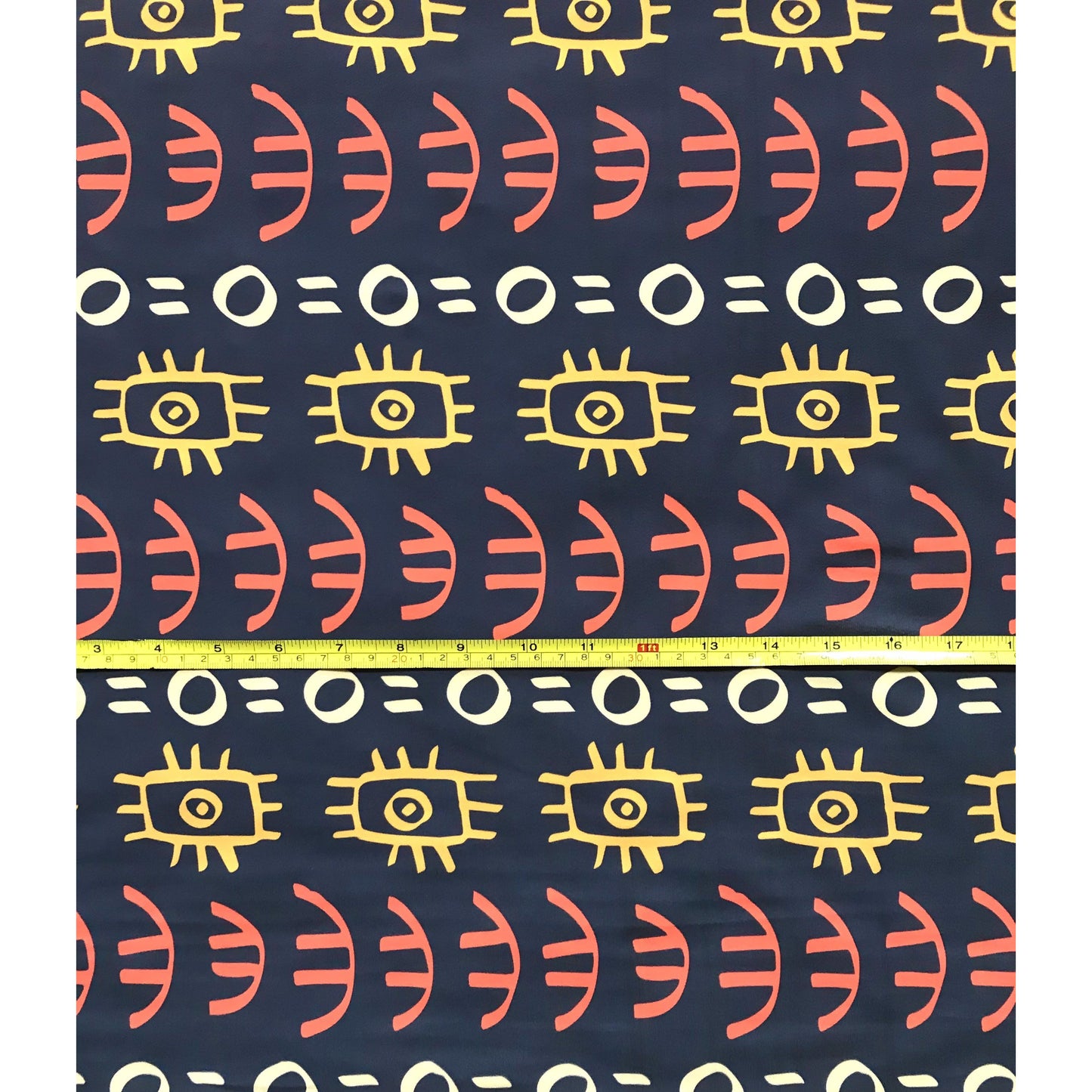 African Print, Elastic Knit Fabric - Navy, Orange, Marigold, Beige "Abimbola", Per Yard