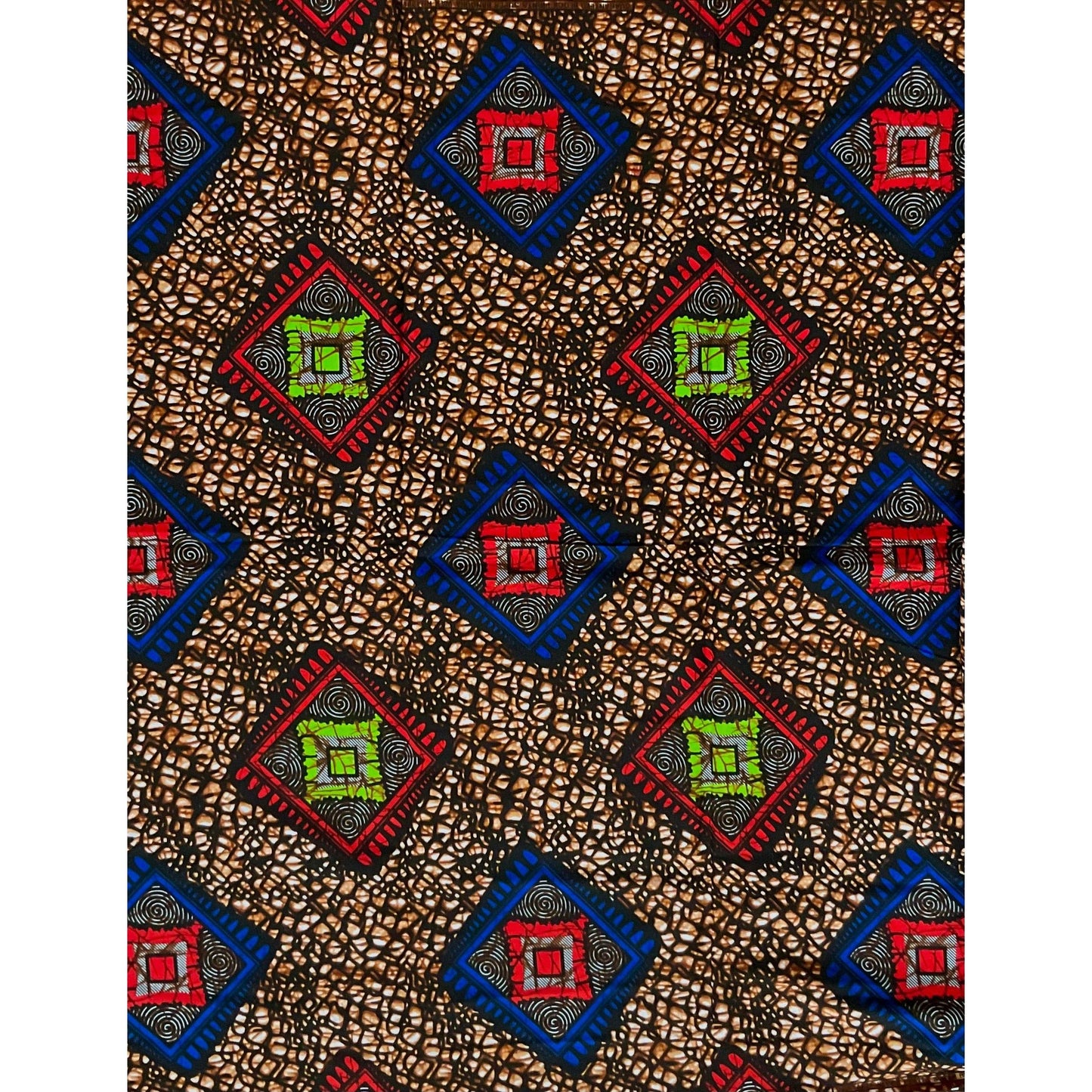 African Print Fabric/ Ankara - Brown, Red, Blue, Green 'Kwara Diamonds’ Design, YARD or WHOLESALE