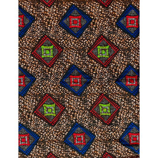 African Print Fabric/ Ankara - Brown, Red, Blue, Green 'Kwara Diamonds’ Design, YARD or WHOLESALE