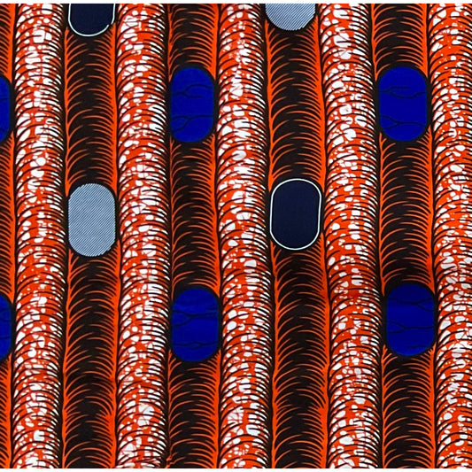 African Print Fabric/ Ankara - Orange, Blue, Black 'Coco Titi' Design, YARD or WHOLESALE