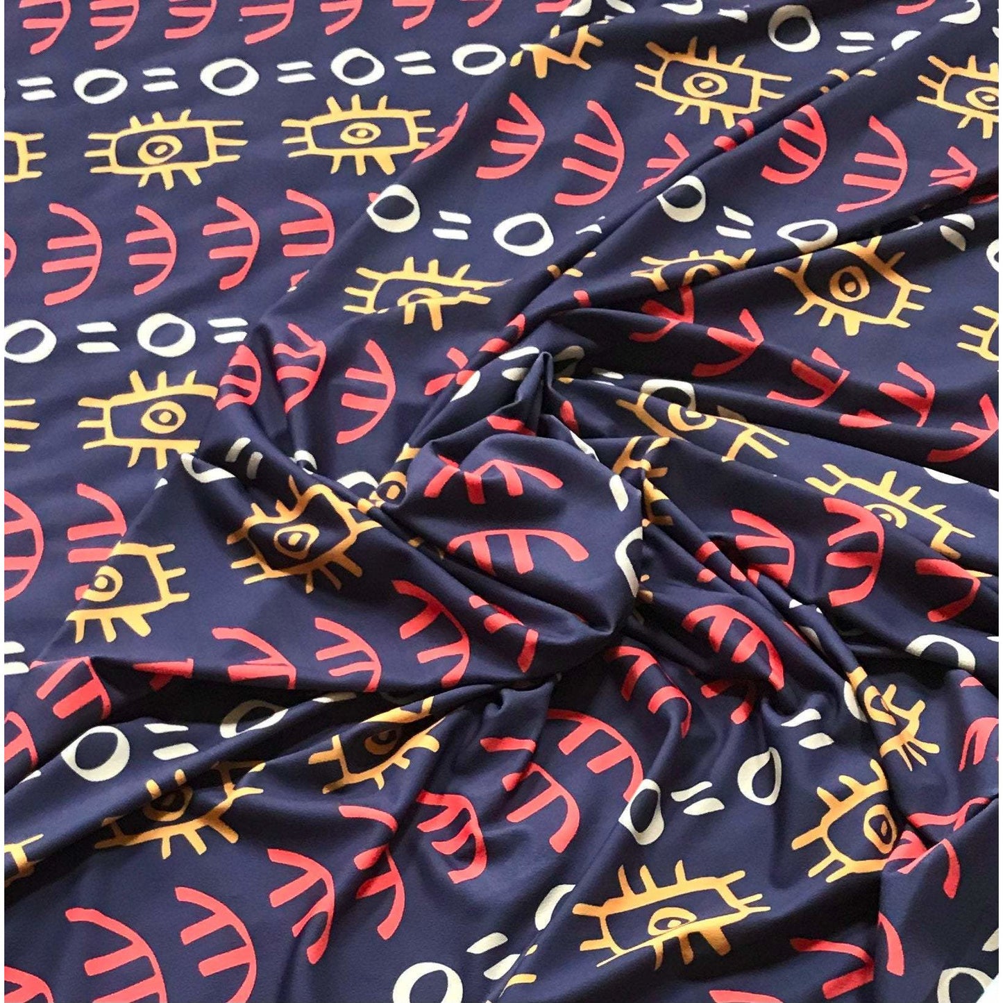 African Print, Elastic Knit Fabric - Navy, Orange, Marigold, Beige "Abimbola", Per Yard