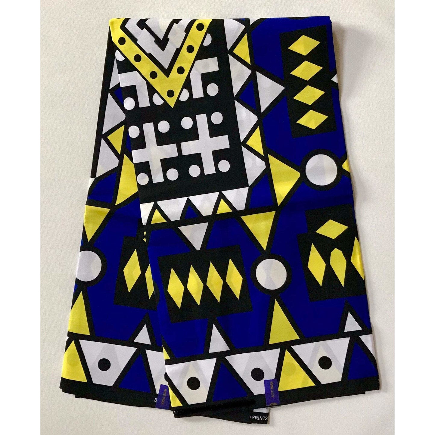 African Print Fabric/ Ankara - Blue, Yellow, Black, White 'Samakaka' Design, YARD or WHOLESALE