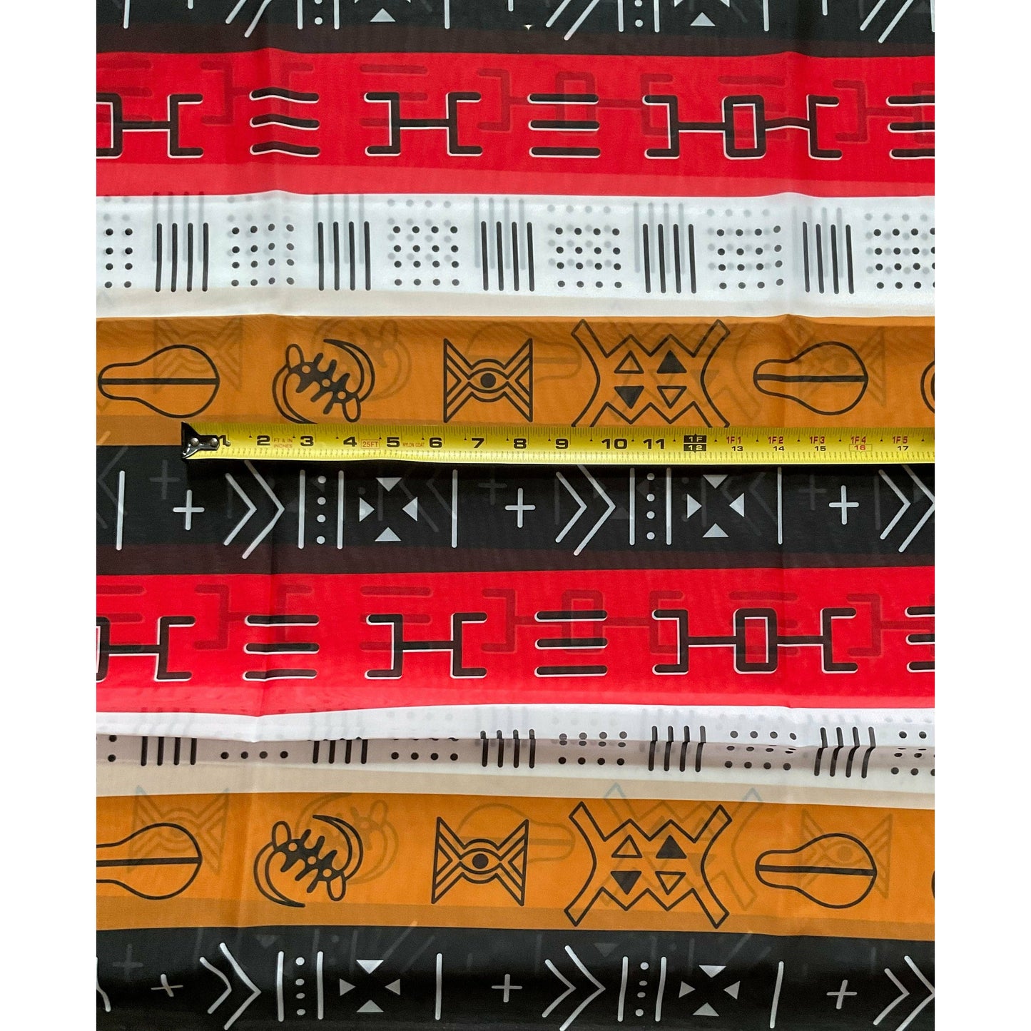 African Print, Chiffon Fabric- Black, Red, Brown, White "Duodu Rhythm", Per Yard