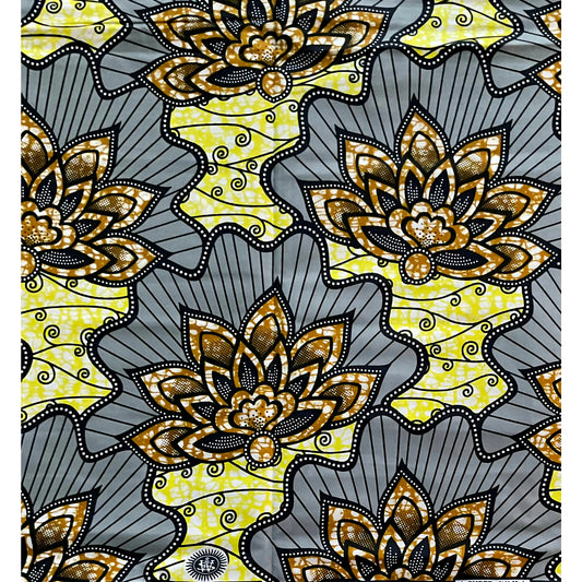 African Print Fabric/ Ankara - Gray, Brown, Yellow 'Mady Floret,’ YARD or WHOLESALE
