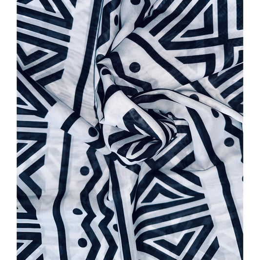 African Print, Chiffon Fabric- Black, White "Nima ", ~ 2 Yards