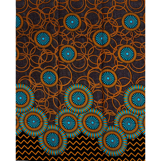 African Print Fabric/ Ankara - Brown, Blue “Sunrise Medallion', 1 YARD