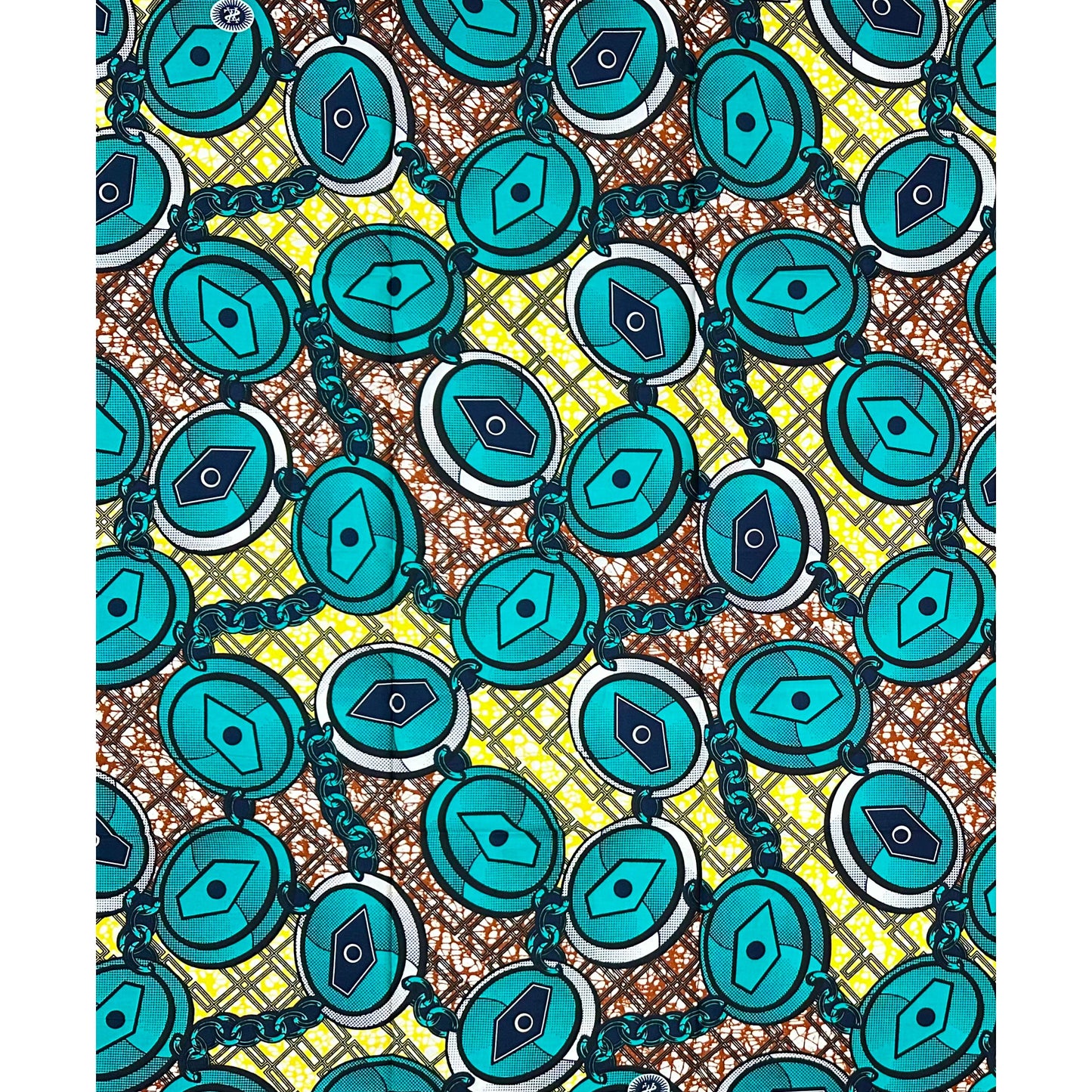 African Print Fabric/ Ankara - Teal, Brown, Yellow "Chain No Dey Hold Me", 1 YARD