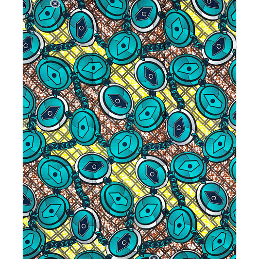 African Print Fabric/ Ankara - Teal, Brown, Yellow "Chain No Dey Hold Me", 1 YARD
