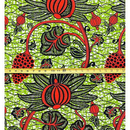 African Print Fabric/ Ankara - Green, Dark Orange, Black "New Growth Market" Design, Yard