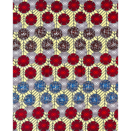 African Print Fabric/Ankara - Beige, Red, Blue, Brown "Unity Nodes", 1 Yard