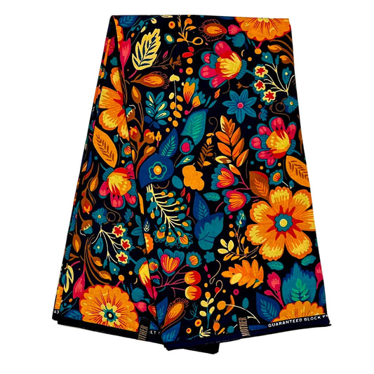 African Print Fabric/ Ankara - Navy, Orange, Yellow, Teal, Pink 'Last Song' Design, YARD or WHOLESALE