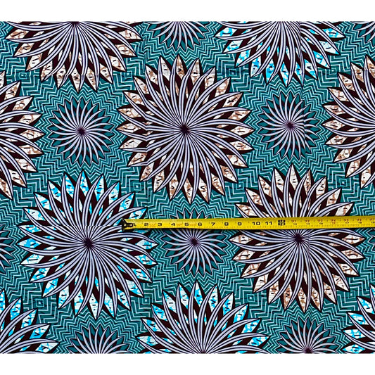 African Print Fabric/ Ankara - Teal, Brown, Gray ‘Power Burst' Design, 1 YARD