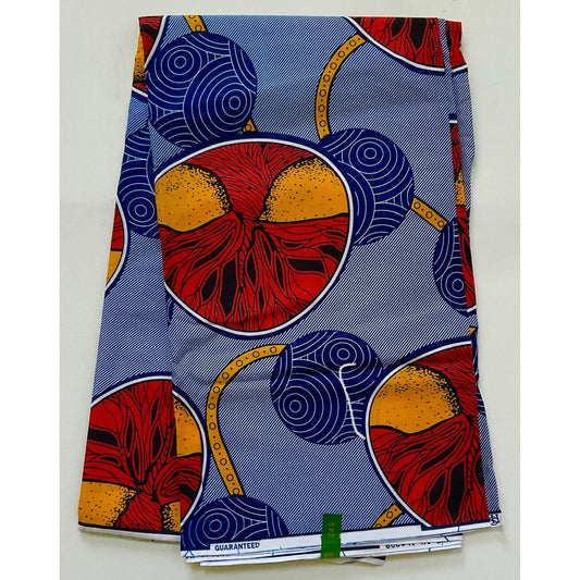 African Print Fabric/ Ankara - Red, Blue, Orange 'Zami Round' Design, YARD or WHOLESALE
