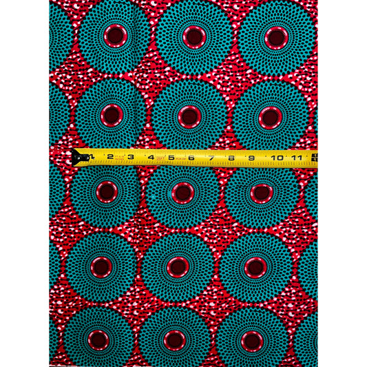 African Print Fabric/ Ankara - Pink, Teal, Dark Red ‘Mini Bullseye' Design, 1 YARD