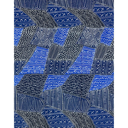 African Print Fabric/ Ankara - Black, Blue, White 'Mudcloth Notes', YARD or WHOLESALE