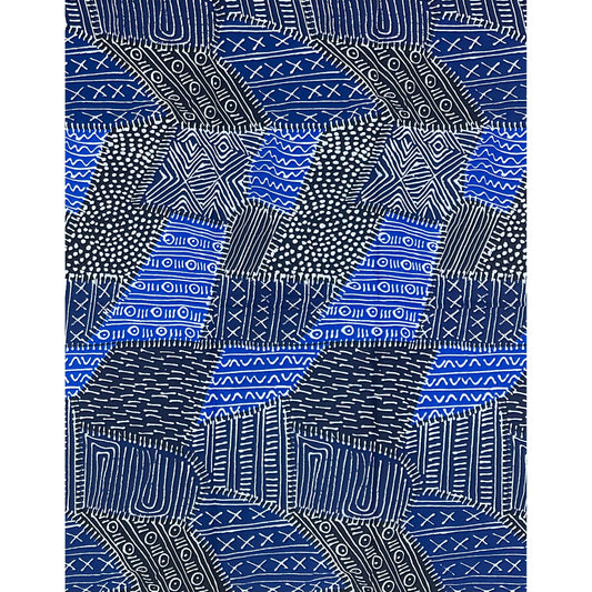 African Print Fabric/ Ankara - Black, Blue, White 'Mudcloth Notes', YARD or WHOLESALE