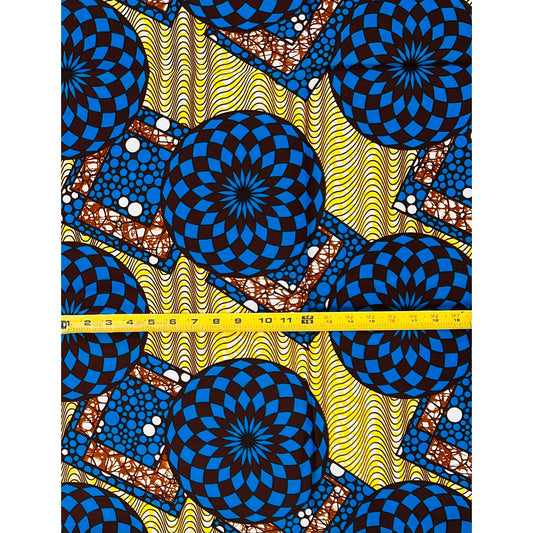 African Print Fabric/ Ankara - Blue, Yellow, Brown 'Hypnotic' Design (Polyester Version)