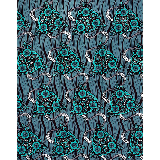 African Print Fabric/ Ankara - Green, Slate, Brown 'Omi & Ink' Design, 1 Yard