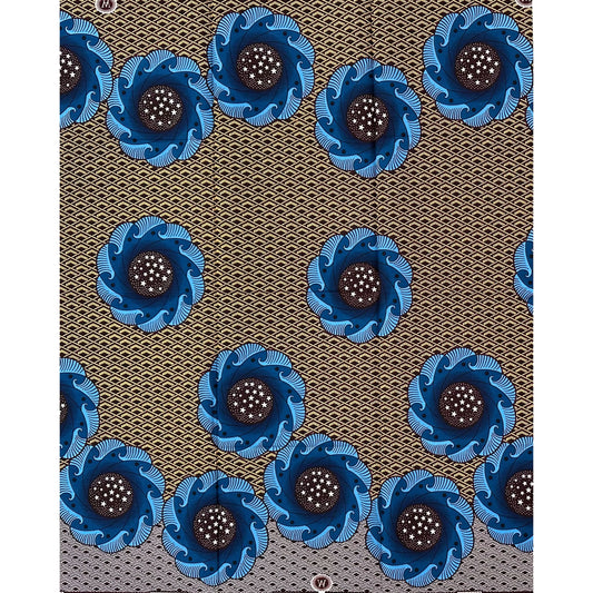 African Print Fabric/ Ankara - Blue, Brown, Beige ‘Midnight Bloom Code' Design, 1 YARD