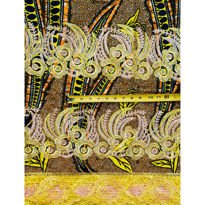 African Print Lace Fabric/ Ankara - Yellow, Orange, Navy 'Iyahen Swirl', Yard or Wholesale