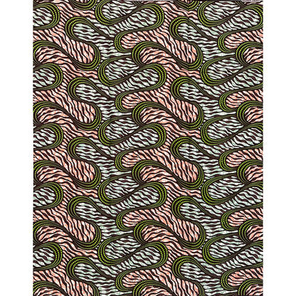 African Print Fabric/ Ankara - Green, Brown, Dusty Pink ‘Nok Rhythm' Design, YARD