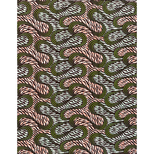 African Print Fabric/ Ankara - Green, Brown, Dusty Pink ‘Nok Rhythm' Design, YARD