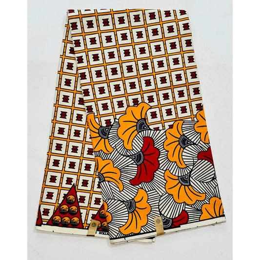 African Print Fabric/ Ankara - Marigold, Red, Cream ‘Asese Jubilee' Design, YARD or WHOLESALE