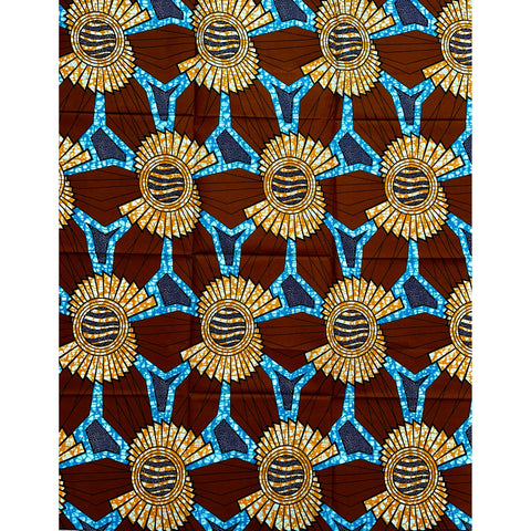 African Print Fabric/ Ankara - Brown, Blue, Orange 'Kabale Rising,' YARD