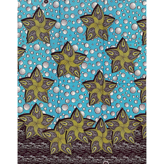 African Print Fabric/ Ankara - Blue, Green, Cream, Brown "Born Lucky" Design, Yard