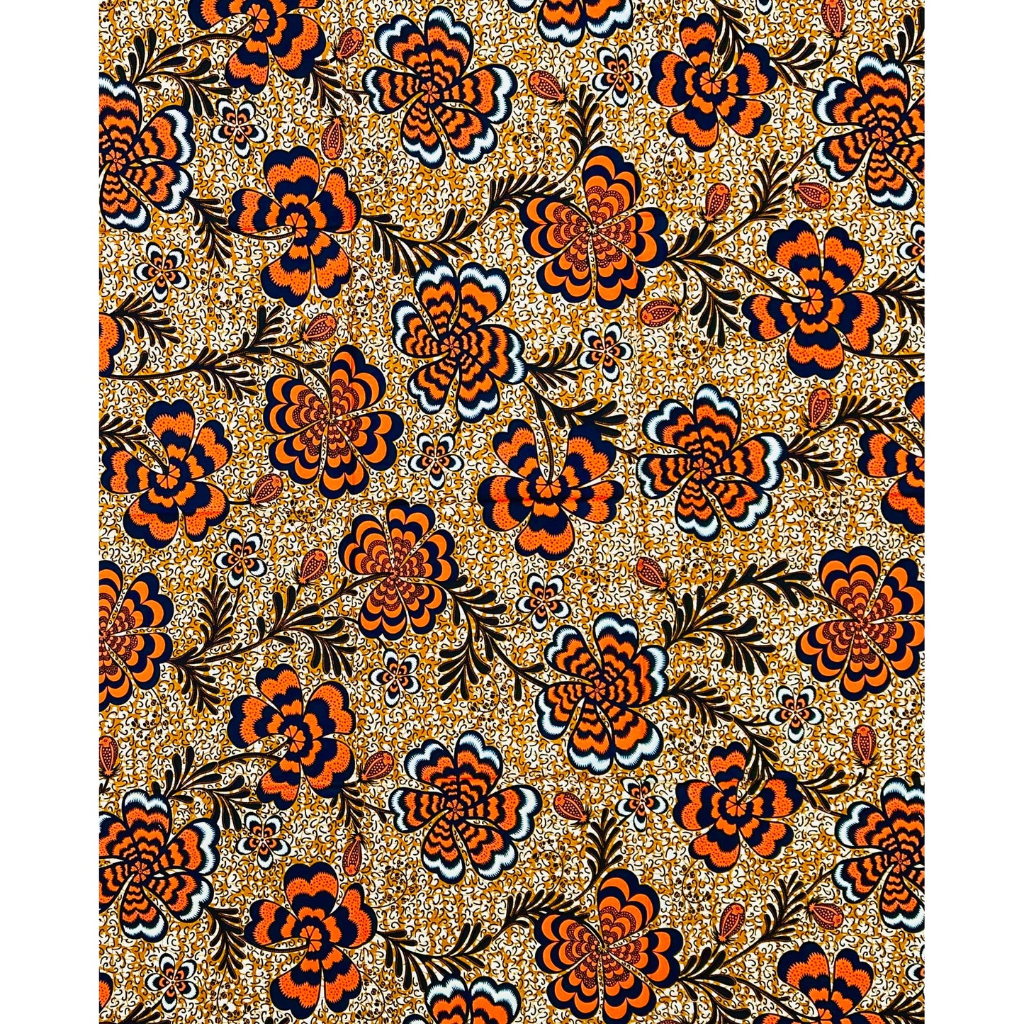 African Print Fabric/ Ankara - Orange, Brown, Navy, Black 'Ayípadà Blooms,’ 1 YARD