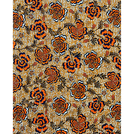 African Print Fabric/ Ankara - Orange, Brown, Navy, Black 'Ayípadà Blooms,’ 1 YARD