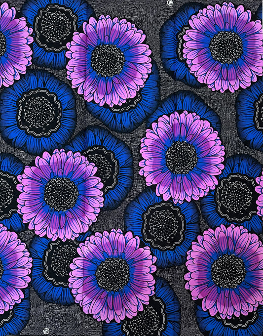 African Print Fabric/ Ankara - Blue, Purple 'Kpai Kpai Flower,’ 1 YARD