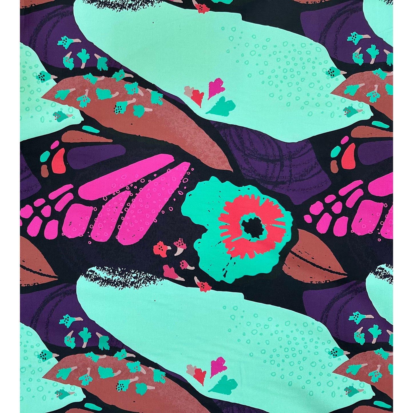African Print, Stretch Cotton Satin Fabric- Turquoise, Magenta, Purple, Red, Brown "Sweet Thistle", Per Yard