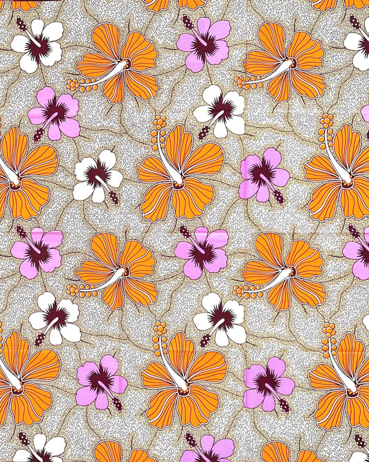 African Print Fabric/ Ankara - Purple, Orange, Cream ‘Daylight Hibiscus' Design, YARD