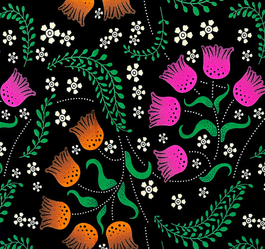 African Print Fabric/ Ankara - Green, Pink, Orange, Black 'Secret Garden Society', Yard or Wholesale
