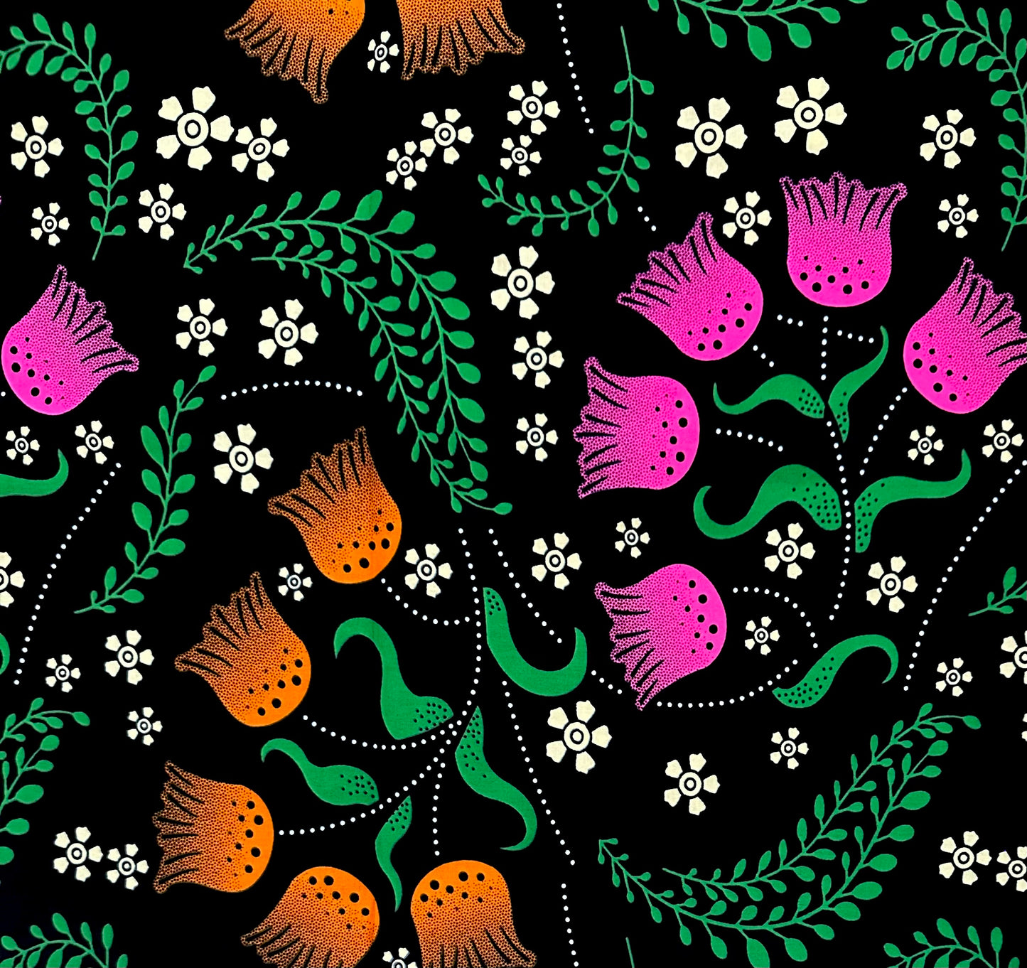 African Print Fabric/ Ankara - Green, Pink, Orange, Black 'Secret Garden Society', Yard or Wholesale
