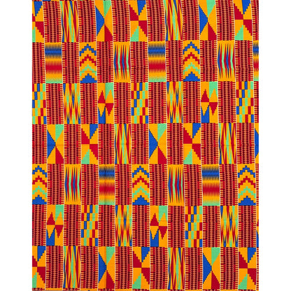 African Print Fabric/Ankara - Orange, Red, Blue, Green "Market Day in Kumasi" Kente, 1 Yard