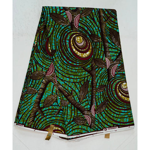 African Fabric/ Ankara - Green, Brown 'Vintage Blossoms,' Design, YARD or WHOLESALE