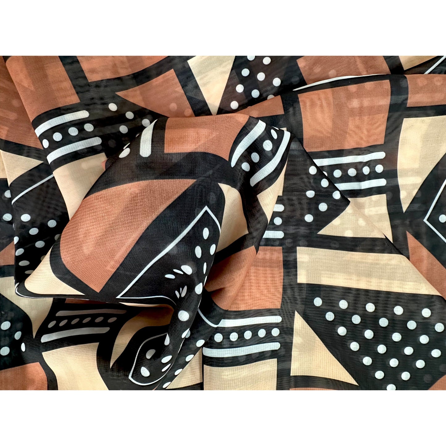 African Print, Chiffon Fabric - Black, Brown, Beige "Soro Soke", ~2 Yards