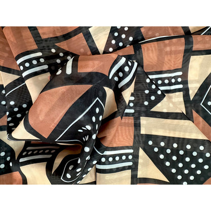 African Print, Chiffon Fabric - Black, Brown, Beige "Soro Soke", ~2 Yards