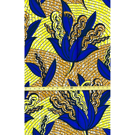 African Print Fabric/ Ankara - Yellow, Brown, Blue 'Drums Beneath The Water,’ YARD