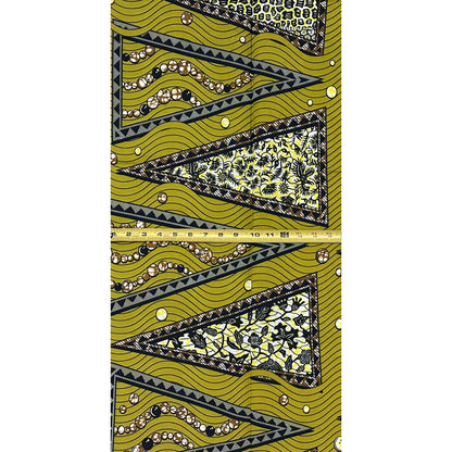 African Print Fabric/ Ankara - Green, Yellow, Brown 'Cross River Geometry' Design, 1 Yard