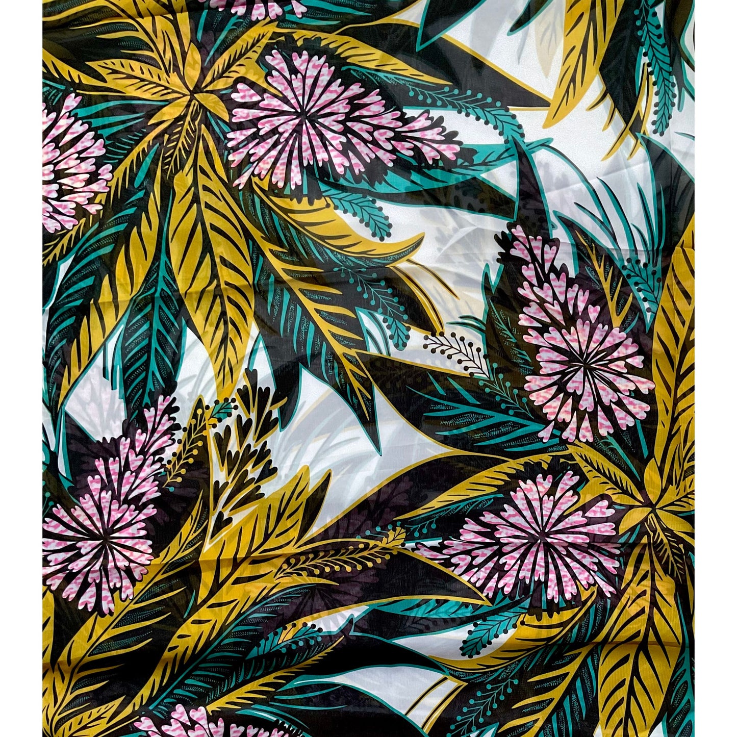 African Print, Chiffon Fabric- Pink, Teal, Black, Gold "Views from Nungwi Beach", ~ 2 Yards