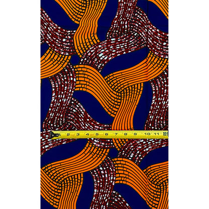 African Print Fabric/ Ankara - Orange, Blue, Brown ‘Current of Command' Design, 1 YARD